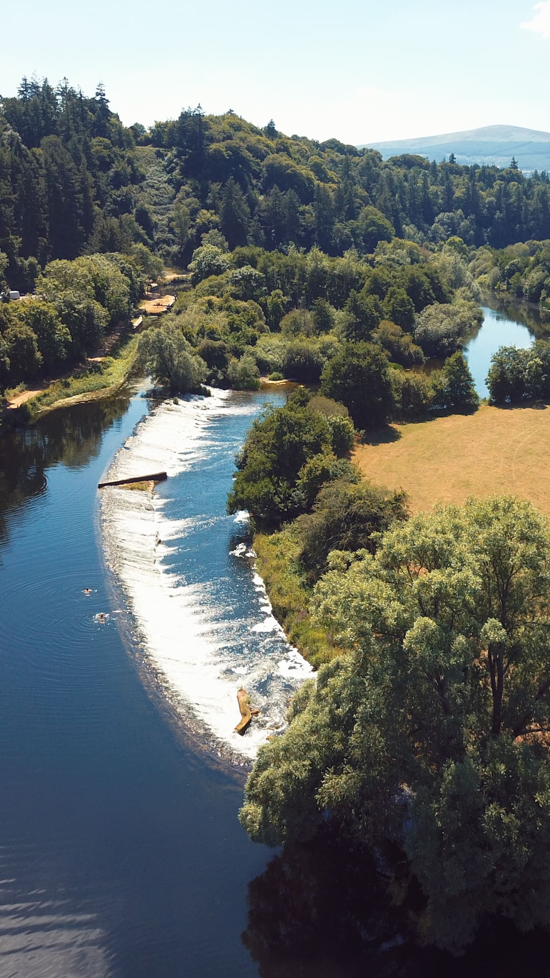 A serene river scene with a boat gliding on the water, surrounded by lush trees in the background.